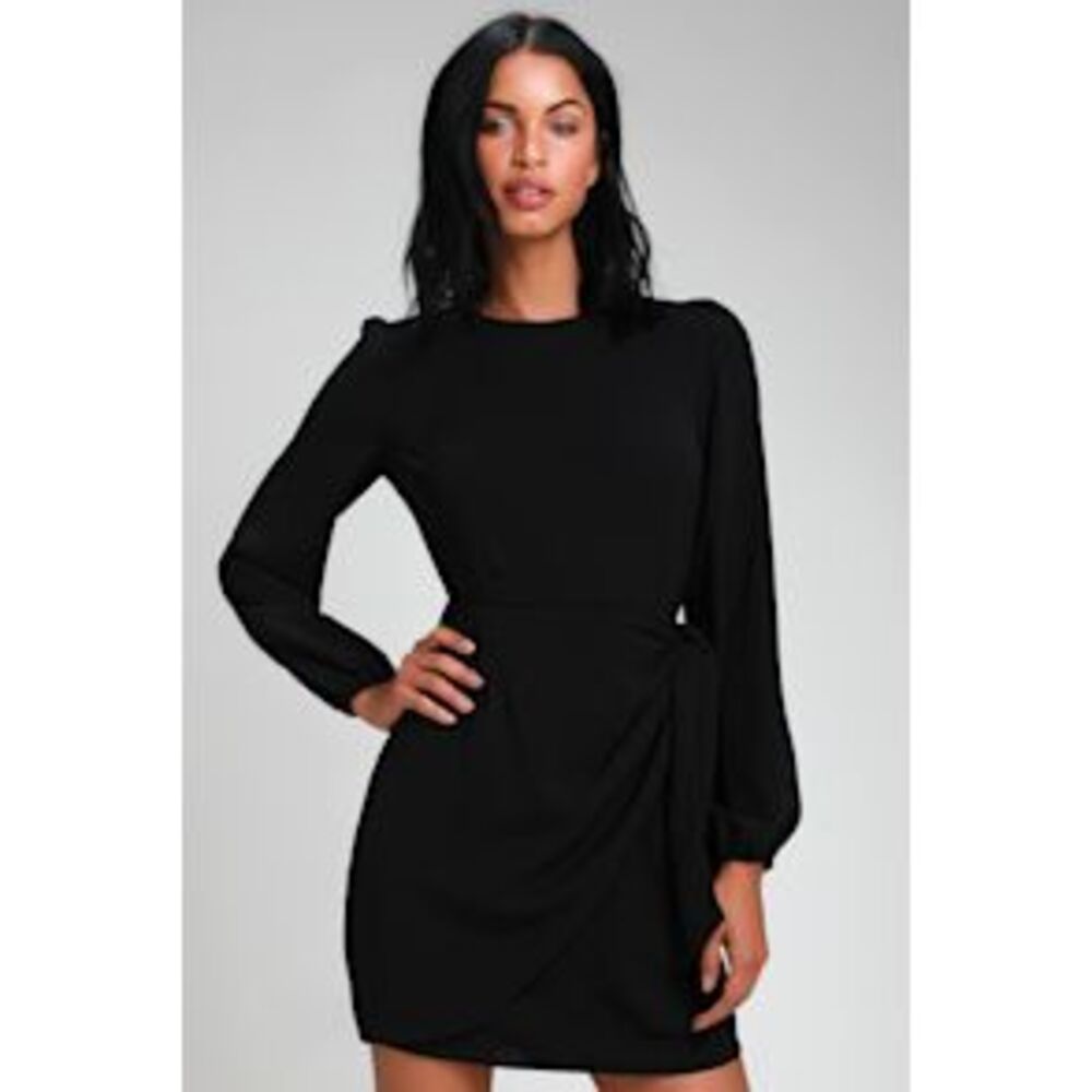Lulu's Black Long-Sleeve Tie-Waist Mini Dress